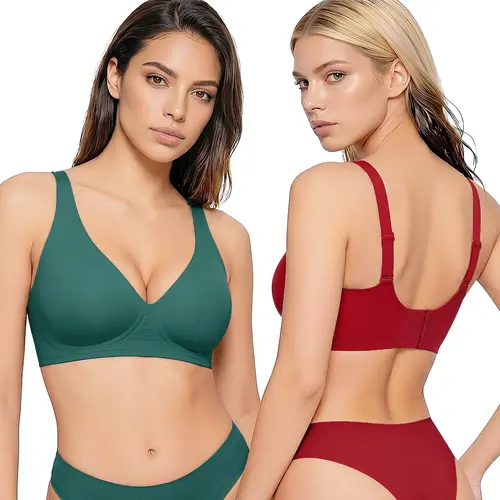 Vertvie Jelly Bra Deep V Seamless Wireless Bras Plunge with Wide Straps Everyday T-shirt Bra Comfort & Sexy Adjustable Bralette