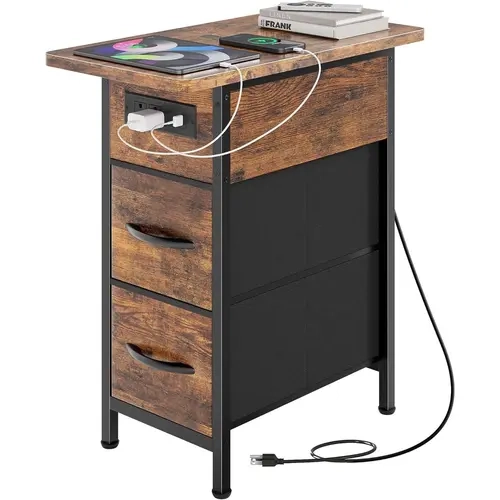 Huuger Narrow End Table with Charging Station, Flip Top Side Table with 2 Fabric Drawers, Slim Night Stand with USB-C Port for Small Spaces, Nightstand Bedside Couch Table, Living Room