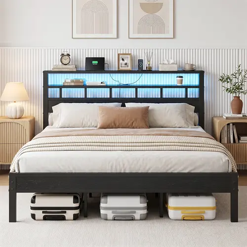 【Limited-Time Offer】DAYAGO LED Bed Frame with Storage Headboard & Charging Station, RGB Lights, Under Bed Storage, Noise Free Platform Bed, No Box Spring Needed, Led Lights