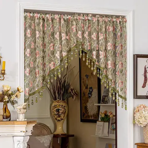 Beaded Floral Print Curtains - Window Sheers with Soft Sheer Light, Transparent Mesh, Lightweight Mini Hanging Decor for Kitchens, Bathrooms, Curtain Beads, Room Decor, Apartment Accessories