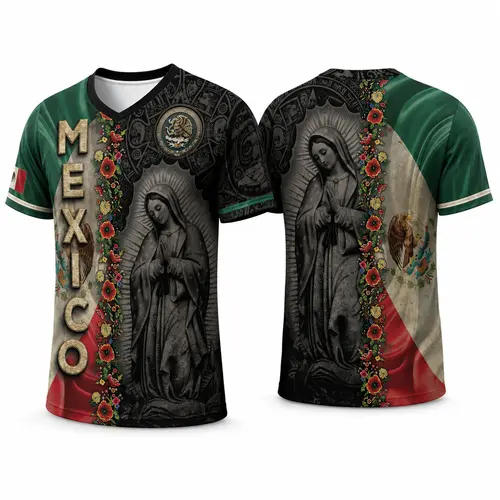 Male Sporty Our Lady of Guadalupe Cultural Graphic V-Neck T-Shirt - Breathable Short-Sleeve Athletic Mesh Fabric Sports Top, Mexico Floral Casual Wear for Cold Machine Wash