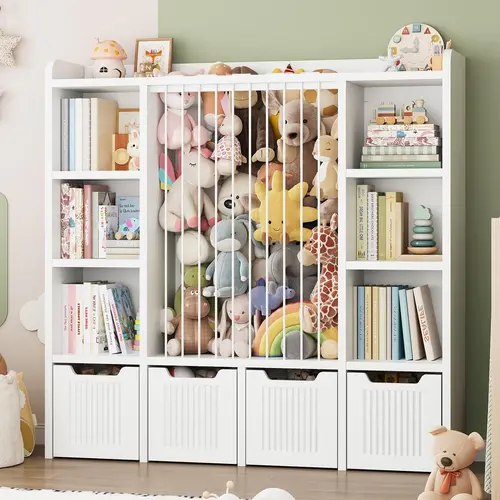 【Up to 40 Dolls】ONBRILL Toy Storage Organizer, Toddler Stuffed Animal Storage, Kids Toy Shelf with 6 Open Cubbies & 4 Movable Toy Chest, Bookshelf for Kids Room Playroom Bedroom Nursery
