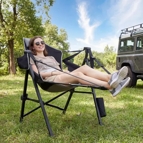 ONBRILL Premium Outdoor Folding Chaise Lounger Hammock Chair - 400lbs Heavy Duty Portable Self-Leveling Camping Gear, Removable Footrest, Adjustable Back, Headrest, Cup Holder for Camping, Patio
