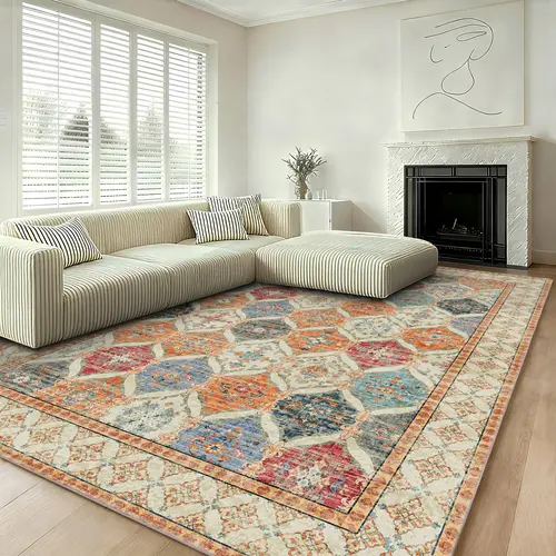 【Back to School】【Dorm Essentials】EIKIONE Vintage Area Rug Non-Toxic Soft Anti-Slip Sizes 4x6-8x10 for Bedroom Living Room Nook Waterproof Stain-Resistant Easy Clean Distressed Geometric Home Decor Solid Craftsmanship US Fast Shipping After-Sales