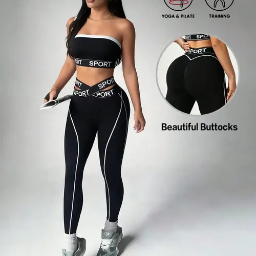 Women's Colorblock Strapless Bra and Cross-Over V Cut High-Waisted Leggings, Casual Fitness Yoga Set