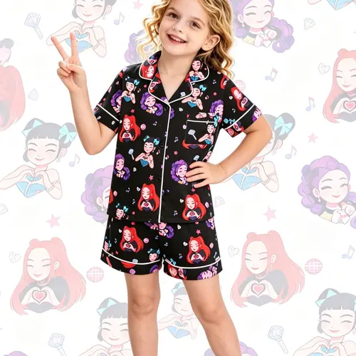 2-piece children's magic wand, stars, diamonds, printed short sleeved shorts, soft and comfortable top, small pocket lapel design, elastic waistband, Sleepwear set, daily casual children's pajamas set, Cartoon Pattern Pajamas