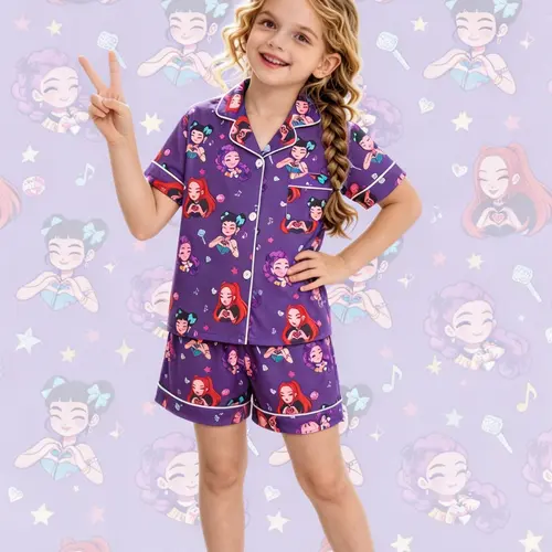 2-piece children's heart girl with star diamond note pattern printed short sleeved shorts, Cartoon Print Sleepwear, soft and comfortable top, small pocket lapel design, elastic waistband, home daily casual children's clothing sleepwear set