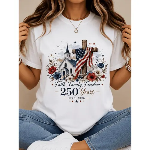 Plus Size - Women'S Faith Family Freedom 250 Years Graphic T-Shirt, Patriotic Church Cross Floral Print Tee, Casual Short Sleeve Crew Neck Top, 1776-2026 Independence Day Summer Outfit