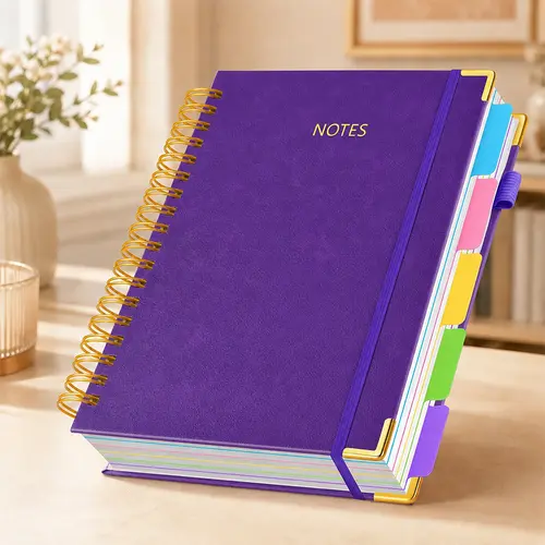 A5 Spiral PU Cover Hardcover Notebook - Flat Binding, 300-Page 100GSM Thick Lined Paper, 5-Subject Organizer with Removable Dividers & Tabs, Back to School Haul College Journaling Supplies for Students, College Supplies, Faux Leather