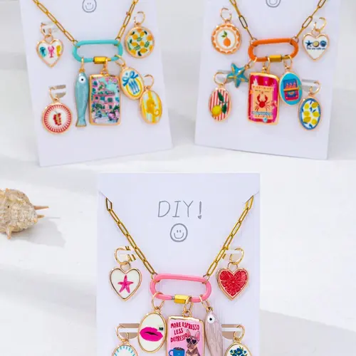 1 Set Customizable DIY Charm Necklace Kit - Detachable Colored Enamel Pendants with Stainless Steel Chain, DIY Multi-Layer Fashion Accessories, DIY Jewelry Decoration, Casual Trendy Jewelry, Trendy Charm Necklaces