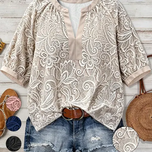 Plus Size Women's Lace Floral Print Casual Top, Apricot V-Neck Bubble Sleeve Loose Shirt Blouse, Boho Blouses, Summer, Picnic, Vacation Style, Summer Vibes Tops