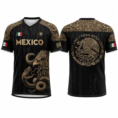 Men's 2026 Mexico Black Short-Sleeve Sports T-Shirt - Mexico Shirt, Gold Eagle Snake Graphic, Aztec Heritage Print, Mexican Flag Detail, Estados Unidos Mexicanos Back Design, Casual Athletic Top