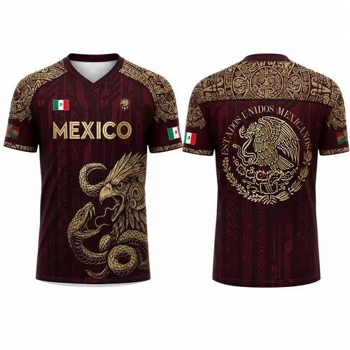 2026 Mexico Burgundy Short Sleeve Sports T-Shirt for Men, Gold Eagle Snake Graphic Tee, Aztec Heritage Print, Mexican Flag Detail, Estados Unidos Mexicanos Back Design, Casual Athletic Top summerwins