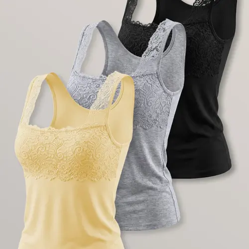 Women's Solid Lace Tank Top, Wearable Outerwear, Casual Loose-Fitting Design, All Seasons, Ideal for Daily Wear