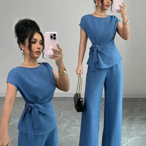 Women's Summer Round Neck Sleeveless Set Outfit, Lightweight Top + Pocketed Long Pants, Fitted Slimming, Waist Tie Design, Fashion Casual, Daily Wear