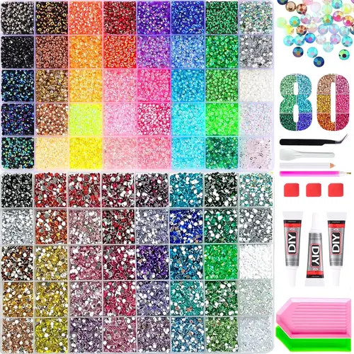 80 Grid 64000+ Mixed Color Ab Rhinestones Set, Includes Glue, Tray, Applique Pen, Perfect for DIY Crafts, Clothing, Fabric, Nail Art Products, Nail Decoration Supplies, with Adhesive & Tools, Flatback Crystal Gems for Manicure