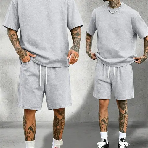 Men’s summer cotton short-sleeve T-shirt casual sports set—fashionable for vacations, camping, and outdoor activities; top with pockets and pants with an elastic waistband and drawstring; 2-piece set, a great gift for husband or boyfriend Basic Classic