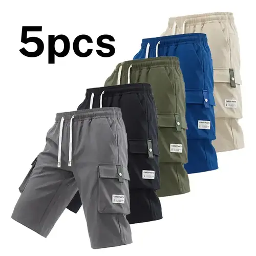 5 Pack Men's Cargo Shorts, 7/8 Length, Summer Drawstring Waist, Large Pockets, Letter Patch Details, Stylish Casual Athletic Shorts