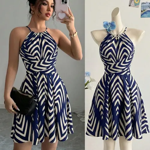 Arrow Print Tie Waist Flared Short Dress for Women, Casual Elegant Chic Design, Perfect for Dates, Parties & Travel, Spring and Summer Dress