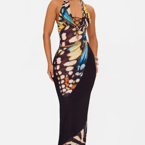 Sexy Halter Neck Print Dress, Deep V Backless Design, Bodycon Long Formal Evening Gown, Elegant Party Wear