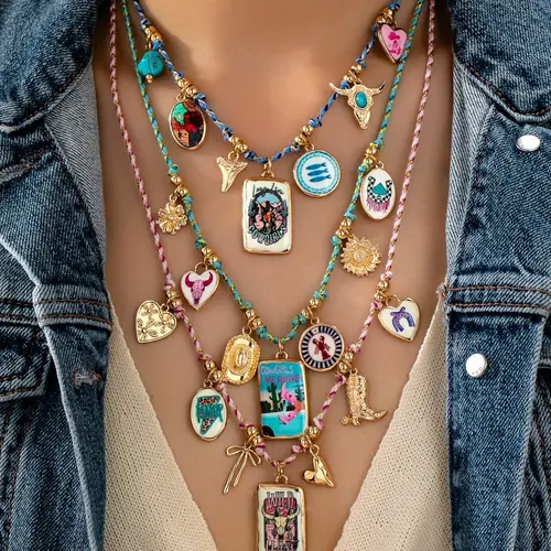 3Pcs Western Cowgirl Themed Layered Necklace Set - Multicolor Braided Cord Necklaces with Enamel Turquoise & Bull Skull Charms, Boho Country Statement Jewelry for Women, Boho Aesthetic, Vintage Bohemian Jewelry