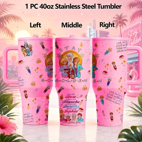 1 Pc 40oz Golden Girls Stainless Steel Tumbler with Handle & Lid, Pink Double Wall Vacuum Insulated Travel Mug, Keeps Hot 12H Cold 24H, Gift for Women Mom Grandma, Insulated Coffee Tumbler
