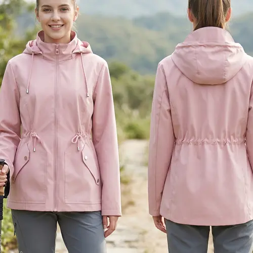 Women's Solid Lightweight Adjustable Drawstring Pocket Zipper Design Hooded Jacket, Casual Long Sleeve Button Waterproof Rain Jackets Windbreaker Jacket for Spring & Fall, Ladies Clothes for Outdoor Activities Coats