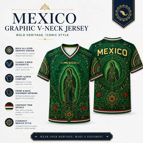 Men's 2026 Mexican-style green V-neck sports jersey, featuring a Guadalupe icon, Aztec calendar art, and floral decorations, short-sleeved football fan T-shirt, casual game-day shirt.