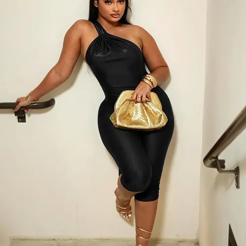 Women's Asymmetrical Strap Jumpsuit, Design, Slim-Fitting Casual Style, Plain Surface, Suitable for All Occasions, Casual Fashion Jumpsuit