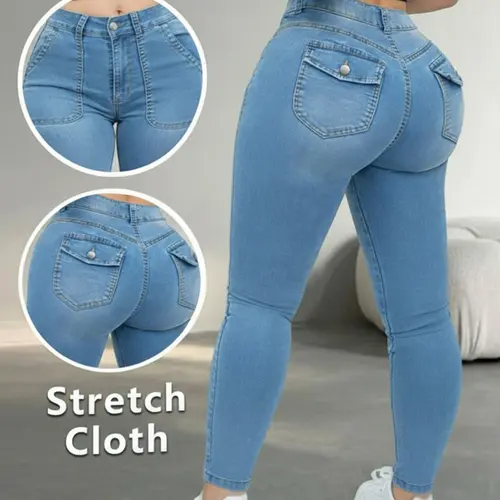 Women's Stretchy High-Waist Skinny Jeans with Pockets, Slim-Fit Denim Pants for Daily Wear, Versatile Bottoms, Ideal for Pear Body Types