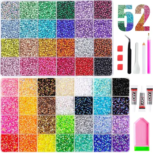 52 Grid 41600+ Mixed Color Ab Rhinestones Set, Diy Bedazzling Rhinestones, Includes Glue, Drill Pen, Tweezers, for DIY Crafts, Clothing, Fabric, Nail Art, Nail Art Decoration, Flatback Crystal Gems for Manicure