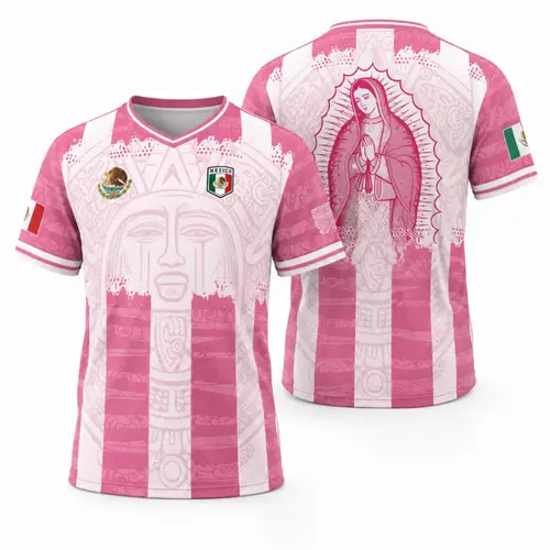 Aztec Pink Mexico Soccer Jersey with Virgin Mary Design, Game Day Fan Shirt