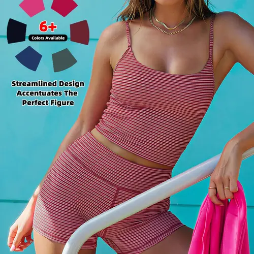 Summer New Yoga Set, European Style Striped Halter Bra and Shorts, U-Neck Seamless Adjustable High Waist Workout High Elastic Activewear, High Stretch Activewear, Workout Sets