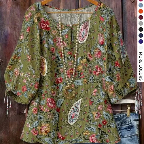 Plus Size Boho Bohemian Floral Print Batwing Half Sleeve Blouse, Boho Style Shirt, Loose-Fit Round Neck, Multi-Color Options, Casual Summer Shirt for Daily Wear & Vacation