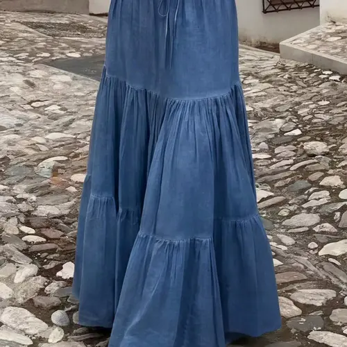 Women's Plus Size Tiered Maxi Skirt Fit Elastic High Waist Adjustable Drawstring Flowy Boho Casual Summer Beach European Vacation Trendy