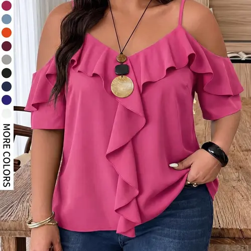 Plus Size Women's Strapless Ruffle Shirt Top, A-Line Hem Lightweight Flowy, Solid Minimalist, Perfect for Graduation, Dates, Parties