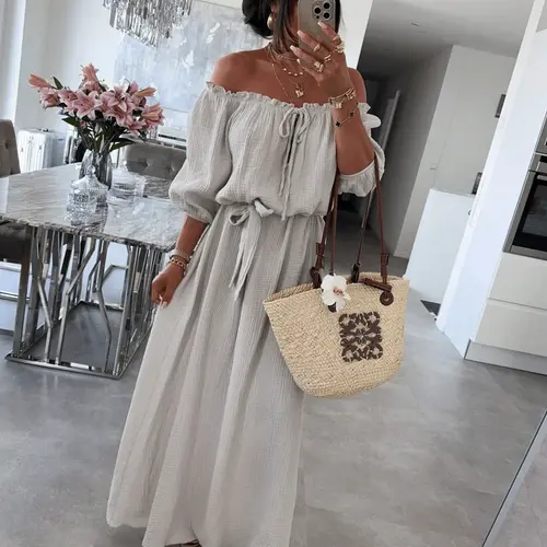 Elegant Women's Dress, Chest Bow Tie, Flowy Silhouette, Age-Defying, Body-Conforming, Stylish Look, Model 10485