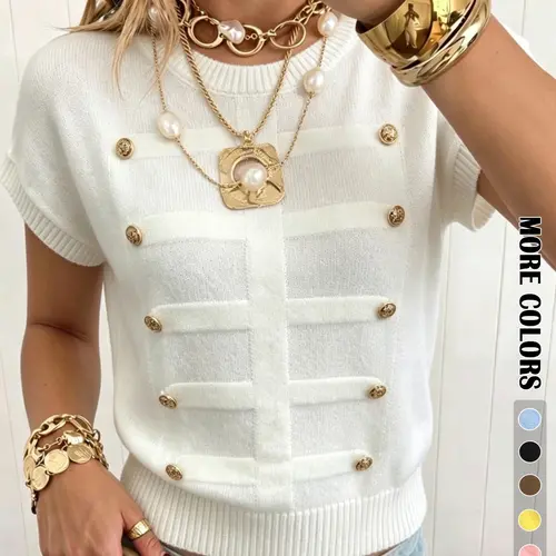 Elegant Loose-Fitting Plain Round Neck Metal Button Short Sleeve Pullover Top for Daily and Everyday Wear