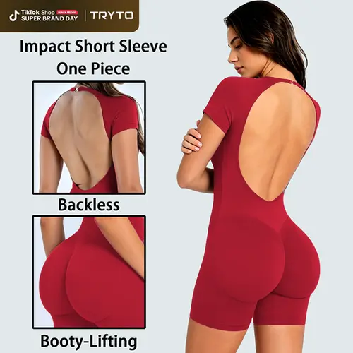[SIZE UP 1] TRYTO Impact Short Sleeve One Piece Women's Seamless Workout Unitard Tummy Control Butt Lifting Short Sleeve Yoga Romper [STRONG COMPRESSED] #BackToSchool