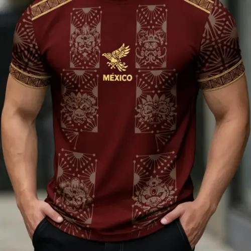 Men's Aztec Eagle Print Short Sleeve T-Shirt, Round Neck Breathable Workout Top, Casual Sports Top, Summer Street Style Fitness Athletic Streetwear, Athletic Shirt, Casual Breathable Sportswear