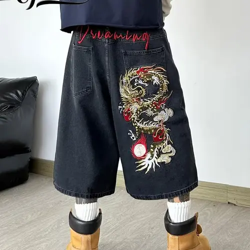 UPTHE UPTHE Men’s Vintage Black Baggy Denim Jorts, Y2K streetwear knee-length shorts with intricate golden dragon embroidery and red "Dreaming" letter stitch, loose oversized fit, retro skater hip hop casual summer street denim shorts