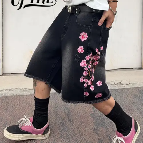 UPTHE Men's Loose Vintage Faded Black Knee-Length Denim Shorts, Stylish Menswear Clothes with Pink Cherry Blossom Embroidery, Frayed Raw Hem, Ripped Details, Street Style Fabric, Ideal for Summer Hip-Hop Daily Matching (Pairs with Oversize Hoodie, Pants)