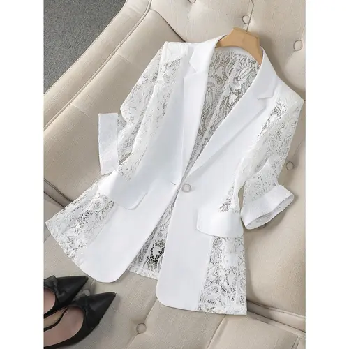 ASANDY Women's Blazer, Elegant Fitted V-Neck Suit with Sheer Lace Panels, Single Button Longsleeve Office-Ready Summer Outerwear for Lady, Sheer Lace Panels Add Soft Elegance, Longsleeves, Office-Ready Yet Dinner-Friendly, Chic, Accessories, Style, Polyes