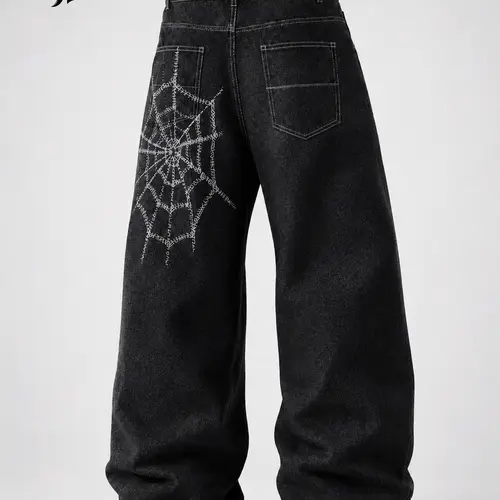 UP THE Men's Black Baggy Wide-Leg Denim Jeans - Contrast Stitch Spider Web Embroidery, Y2K Gothic Punk Oversized Fit, Menswear Classic Clothes for Alt Clothes Fashion Streetwear Daily Wear