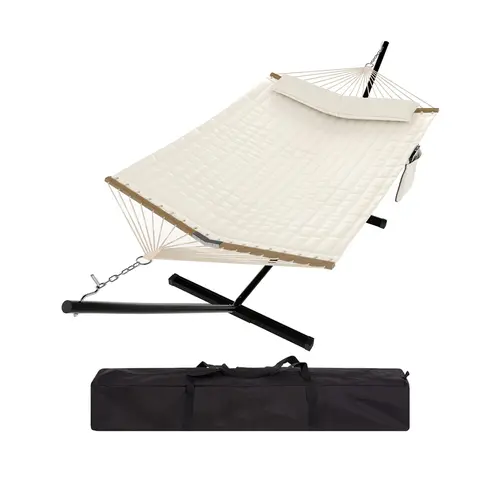 12FT 2 Person Hammock with Heavy Duty Steel Stand - 450lbs Capacity Double Hammock with Spreader Bar - Portable Weather-Resistant Canvas Swing Bed with Carry Bag for Backyard, Patio & Camping