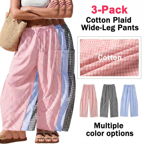 Women’s lightweight plaid wide-leg casual pants, 55% cotton material; comfortable, loose, elegant harem pants with elastic drawstring waistband and side pockets, suitable for home wear, sleepwear, and vacations.