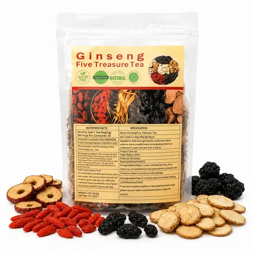 Ginseng 6-Treasure Natural Herbs Fruit & Herbal Pre-Filled Tea Bags for Quick Brewing, 90-Count Traditional Kidney Cleansing Detox Beverage with Wolfberry & Date, Mulberry, Adult Health Drink, Yes