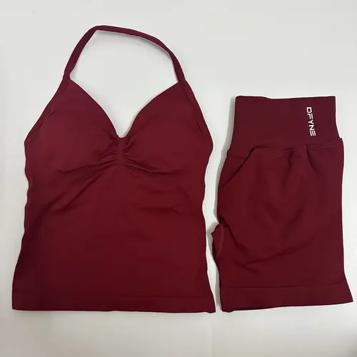 Women's DFYNE Impact Seamless 2-Piece High-Waisted Scrunch Shorts Set - Padded Halter Sports Bra for Workout (Sports & Outdoor Clothing)