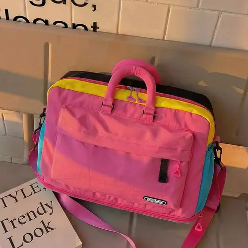 Dopamine Colorblock Nylon Travel Bag, Large Capacity Expandable Crossbody Backpack, Trendy Tote, Lightweight Waterproof Commute Bag, Duffle Bag, Travel Weekender Bag, Waterproof Duffel