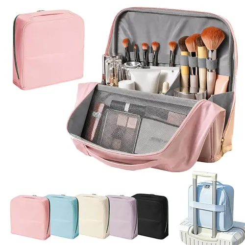 Women's Leather Large-Capacity Waterproof Makeup Bag - Elegant, Carryon Friendly Vanity Space Saver with Vertical Free-Standing Design, Large Opening, Brush Holder, Magnets, Multi-Zone, Foldable for Travel Toiletry Storage, Pink, Any Occasion